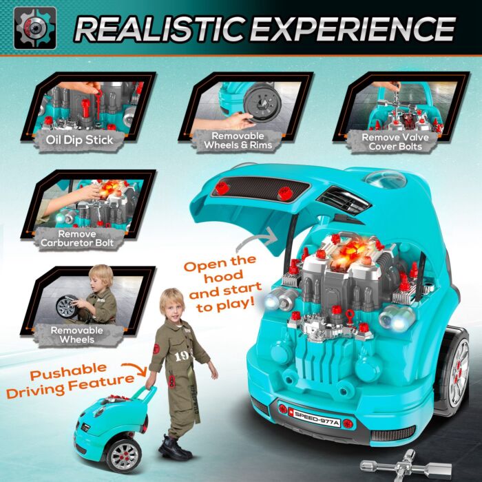 Homcom Kids Truck Engine Toy Set, Educational Car Service Station Playset, Take Apart Workshop, W/ Steering Wheel, For 3-5 Years Old Teal Green
