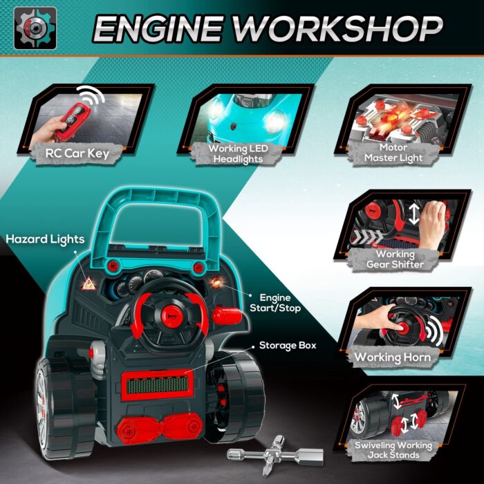 Homcom Kids Truck Engine Toy Set, Educational Car Service Station Playset, Take Apart Workshop, W/ Steering Wheel, For 3-5 Years Old Teal Green