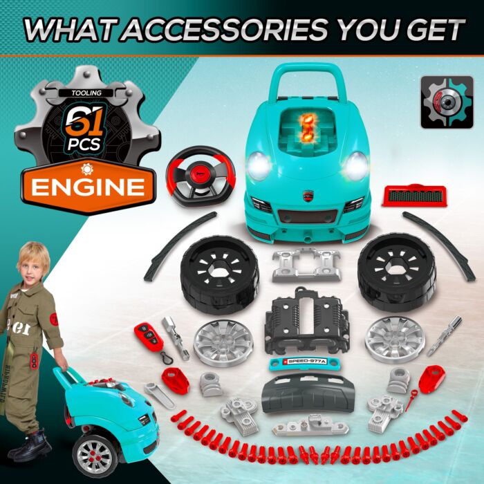 Homcom Kids Truck Engine Toy Set, Educational Car Service Station Playset, Take Apart Workshop, W/ Steering Wheel, For 3-5 Years Old Teal Green