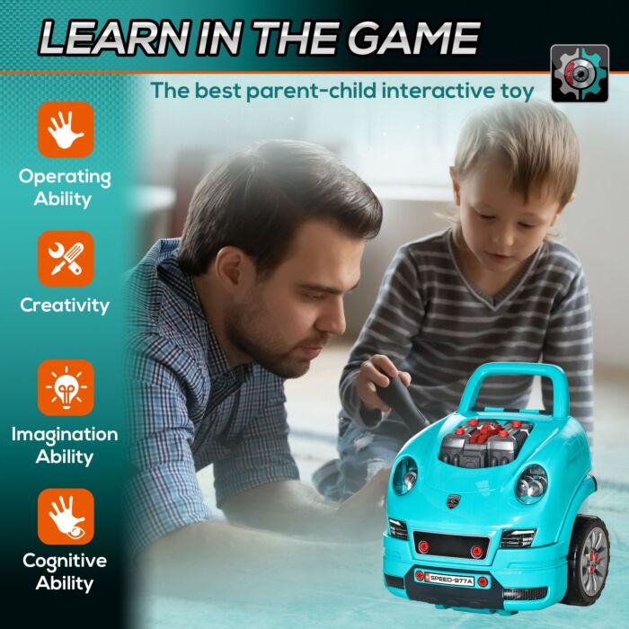 Homcom Kids Truck Engine Toy Set, Educational Car Service Station Playset, Take Apart Workshop, W/ Steering Wheel, For 3-5 Years Old Teal Green