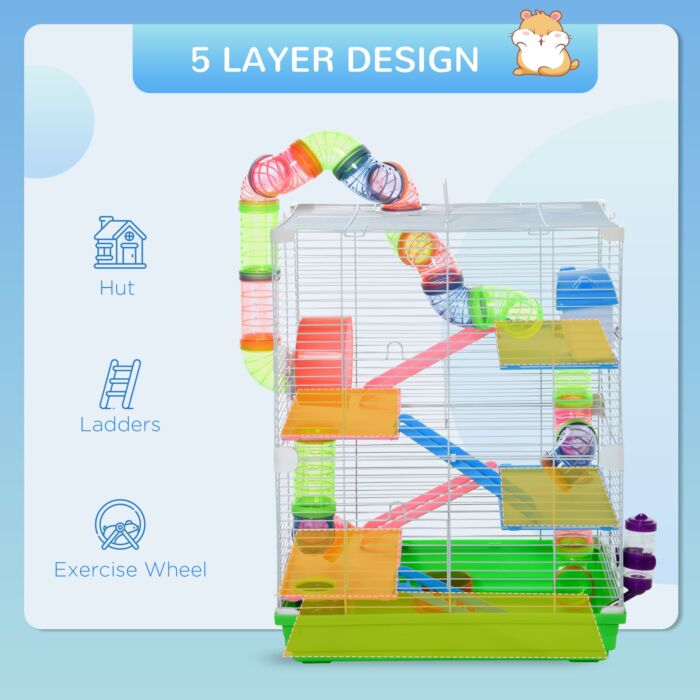 Pawhut 5 Tier Hamster Cage Carrier Habitat Small Animal House With Exercise Wheels Tunnel Tube Water Bottle Dishes House Ladder For Dwarf Mice, Green