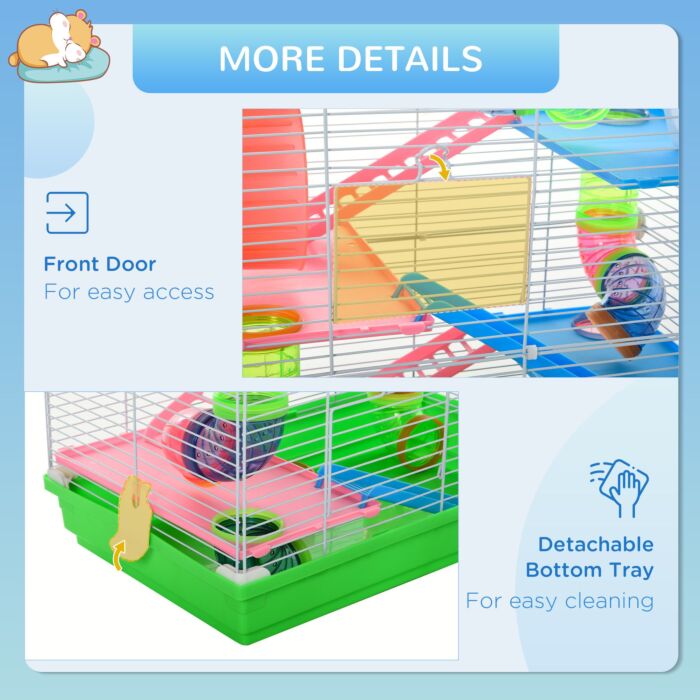 Pawhut 5 Tier Hamster Cage Carrier Habitat Small Animal House With Exercise Wheels Tunnel Tube Water Bottle Dishes House Ladder For Dwarf Mice, Green