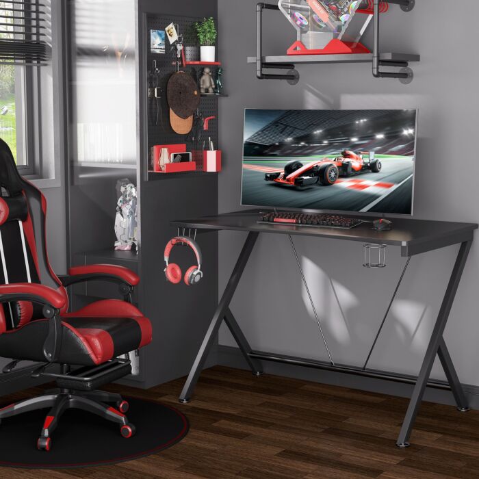 Homcom Gaming Desk Computer Table Metal Frame With Cup Holder, Headphone Hook, Cable Hole, Black
