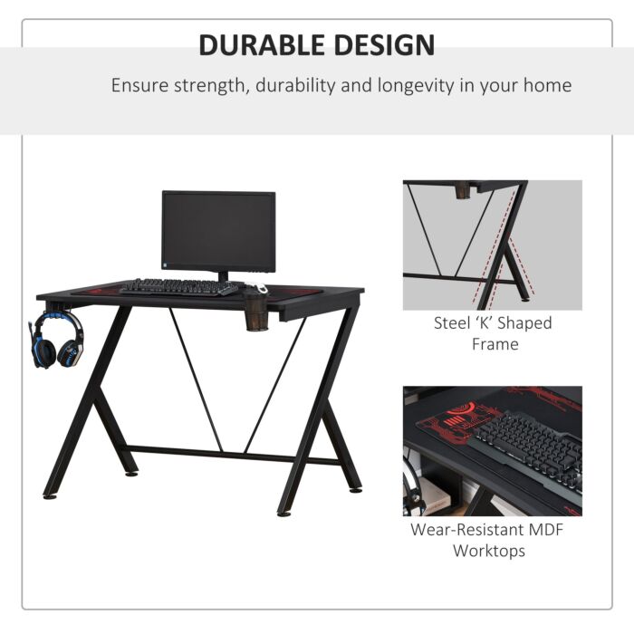 Homcom Gaming Desk Computer Table Metal Frame With Cup Holder, Headphone Hook, Cable Hole, Black