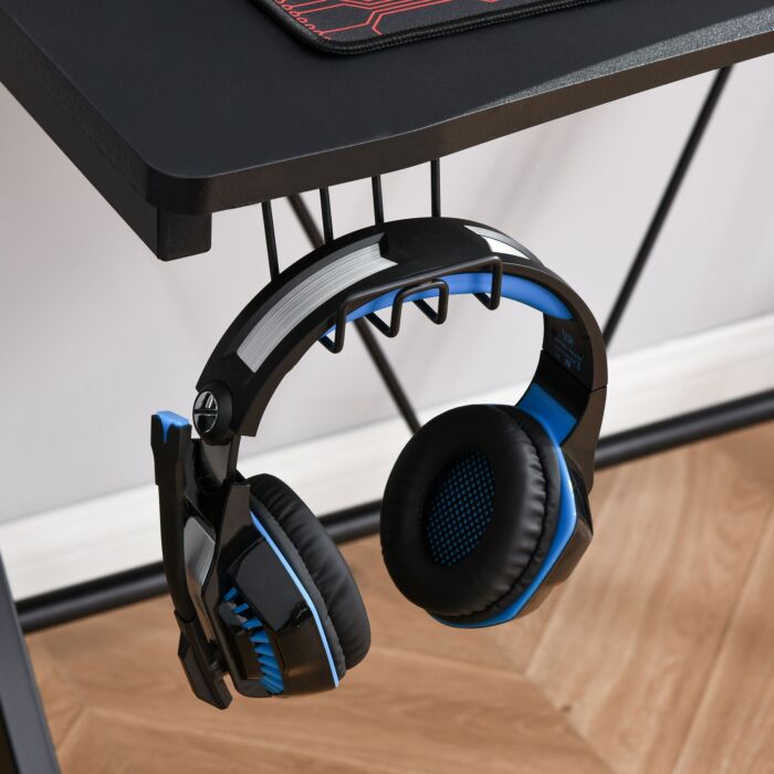 Homcom Gaming Desk Computer Table Metal Frame With Cup Holder, Headphone Hook, Cable Hole, Black