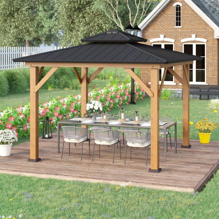 Outsunny 3.5 X 3.5m Outdoor Aluminium Hardtop Gazebo Canopy With 2-tier Roof And Solid Wood Frame Outdoor Patio Shelter For Patio, Garden, Grey