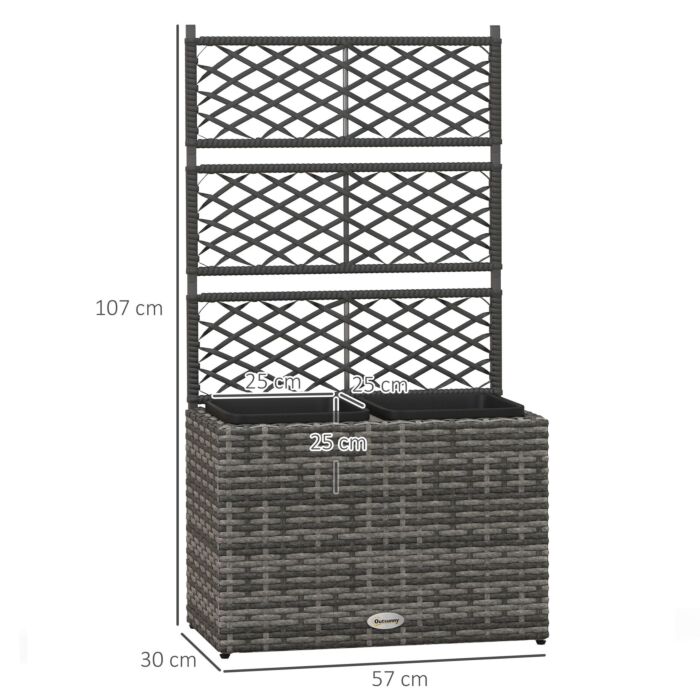 Outsunny 22l Garden Pe Rattan Planter W/ Trellis, Free Standing Flower Raised Bed W/ 2 Plant Boxes For Climbing Plants, 57x30x107 Cm, Mixed Grey