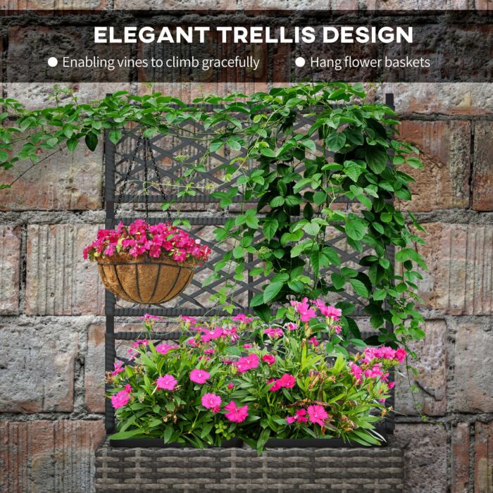 Outsunny 22l Garden Pe Rattan Planter W/ Trellis, Free Standing Flower Raised Bed W/ 2 Plant Boxes For Climbing Plants, 57x30x107 Cm, Mixed Grey