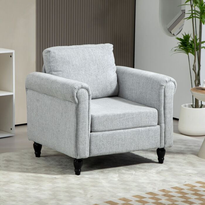 Homcom Vintage Accent Chair, Upholstered Occasional Chair With Back Pillow, Rolled Arms, Rubber Wood Legs, Light Grey