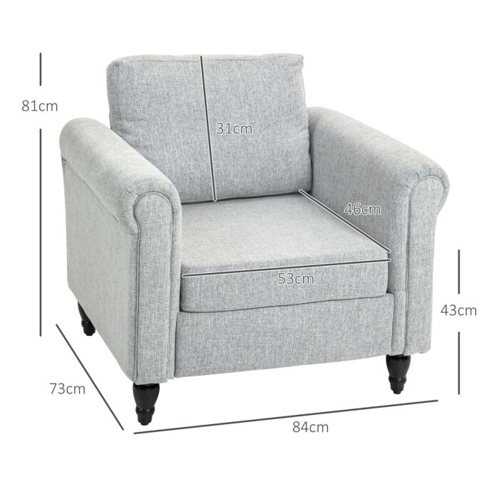 Homcom Vintage Accent Chair, Upholstered Occasional Chair With Back Pillow, Rolled Arms, Rubber Wood Legs, Light Grey