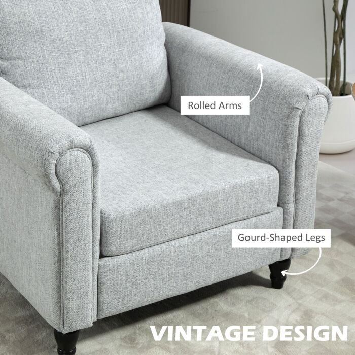 Homcom Vintage Accent Chair, Upholstered Occasional Chair With Back Pillow, Rolled Arms, Rubber Wood Legs, Light Grey