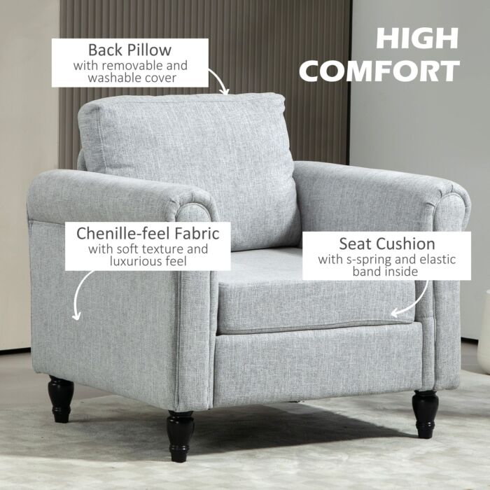 Homcom Vintage Accent Chair, Upholstered Occasional Chair With Back Pillow, Rolled Arms, Rubber Wood Legs, Light Grey