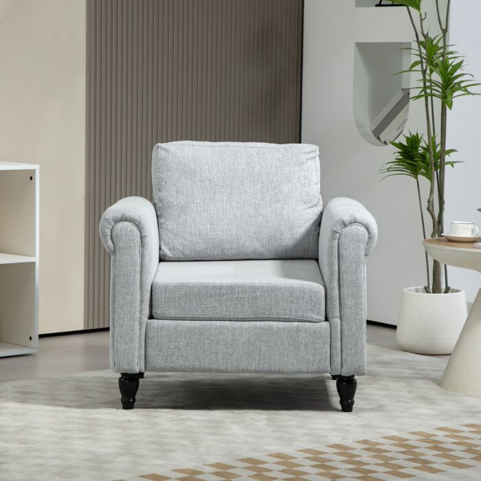 Homcom Vintage Accent Chair, Upholstered Occasional Chair With Back Pillow, Rolled Arms, Rubber Wood Legs, Light Grey