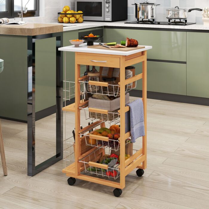 Homcom Rolling Kitchen Cart, Utility Storage Cart With 4 Basket Drawers & Side Racks, Wheels, Brown