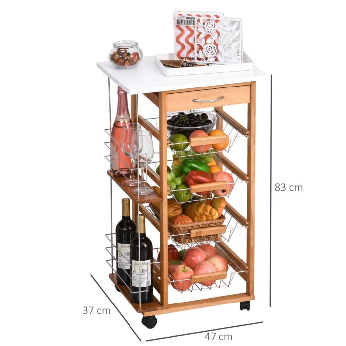 Homcom Rolling Kitchen Cart, Utility Storage Cart With 4 Basket Drawers & Side Racks, Wheels, Brown
