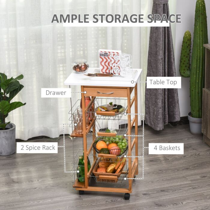 Homcom Rolling Kitchen Cart, Utility Storage Cart With 4 Basket Drawers & Side Racks, Wheels, Brown