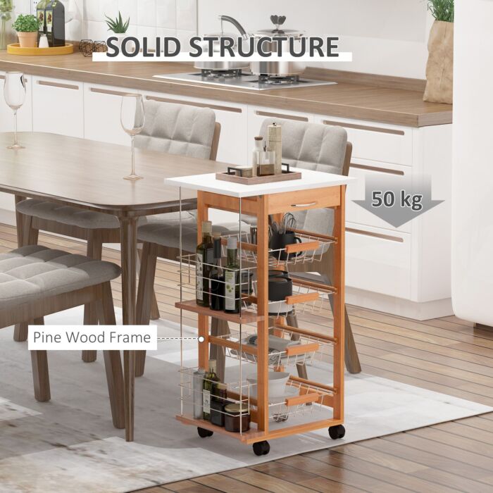Homcom Rolling Kitchen Cart, Utility Storage Cart With 4 Basket Drawers & Side Racks, Wheels, Brown