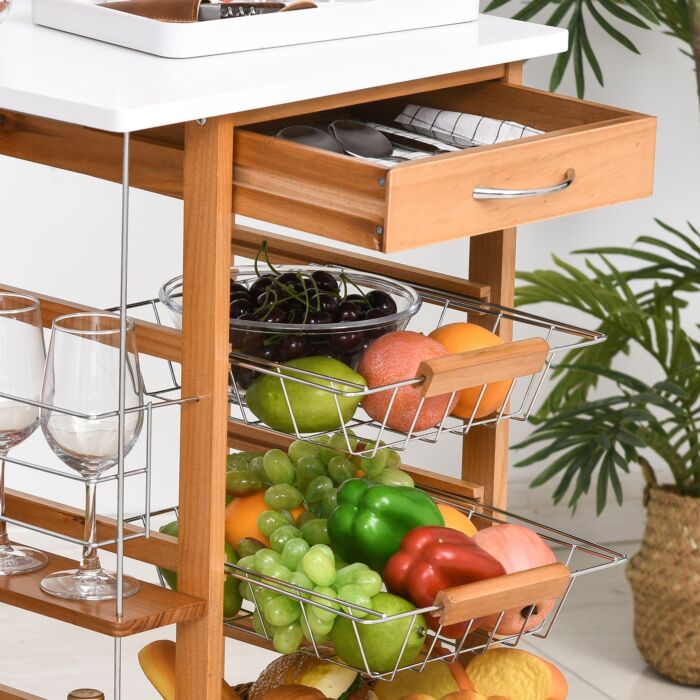 Homcom Rolling Kitchen Cart, Utility Storage Cart With 4 Basket Drawers & Side Racks, Wheels, Brown