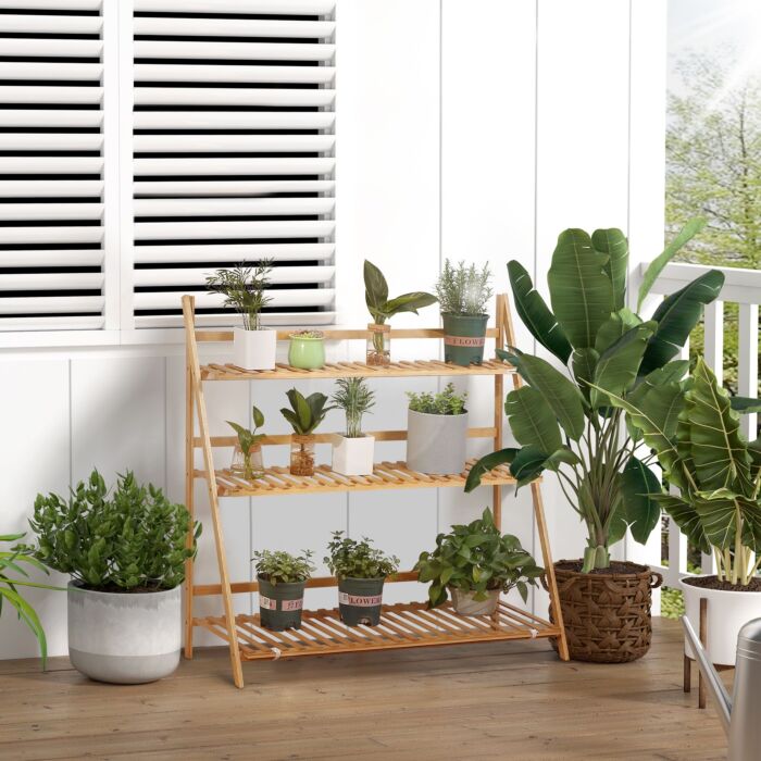 Outsunny 3-tier Plant Stand, Plant Shelf Rack, Folding Bamboo Display Stand, 98x37x96.5cm, Natural