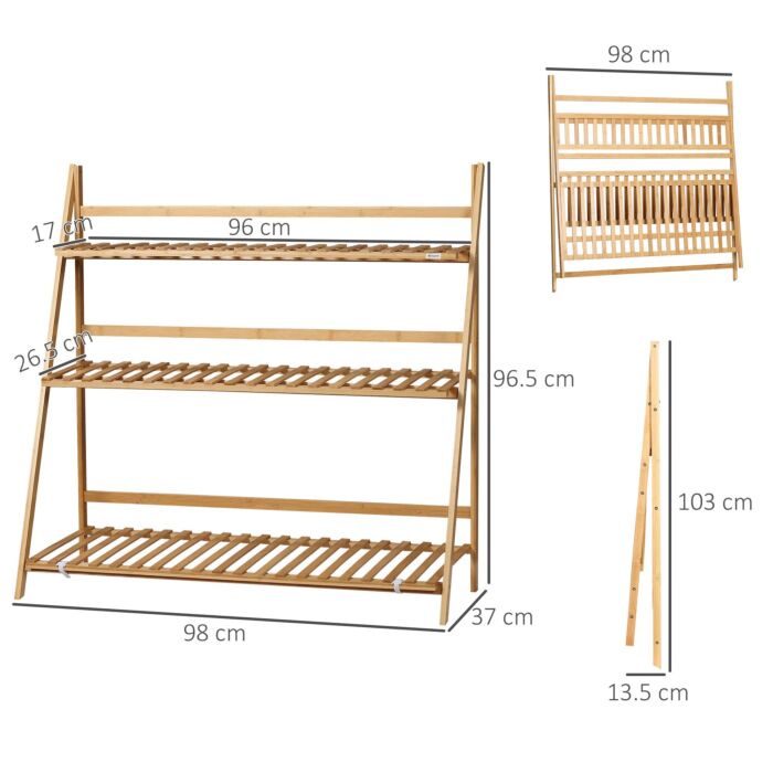 Outsunny 3-tier Plant Stand, Plant Shelf Rack, Folding Bamboo Display Stand, 98x37x96.5cm, Natural