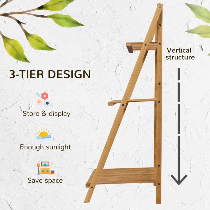 Outsunny 3-tier Plant Stand, Plant Shelf Rack, Folding Bamboo Display Stand, 98x37x96.5cm, Natural