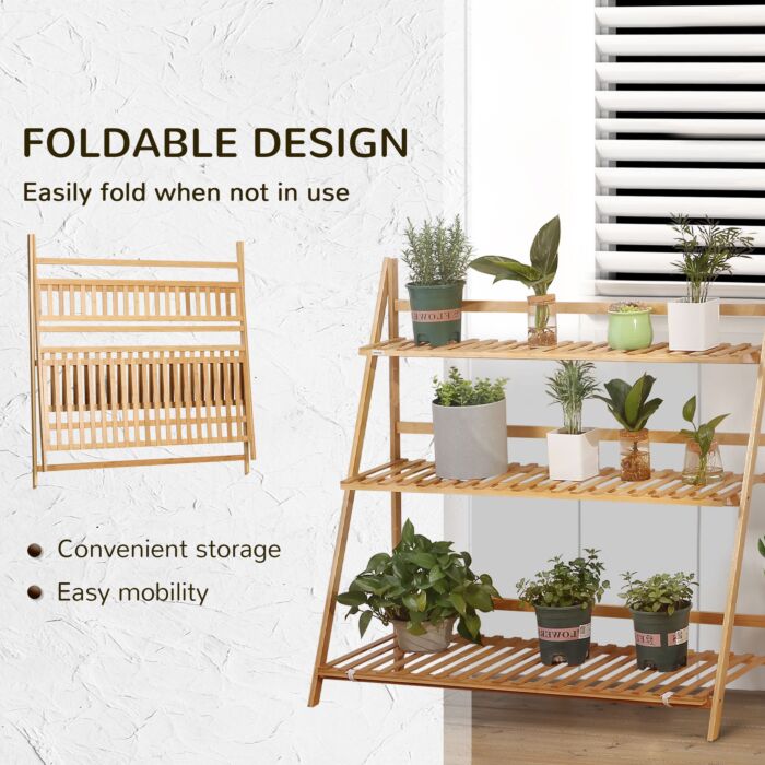 Outsunny 3-tier Plant Stand, Plant Shelf Rack, Folding Bamboo Display Stand, 98x37x96.5cm, Natural