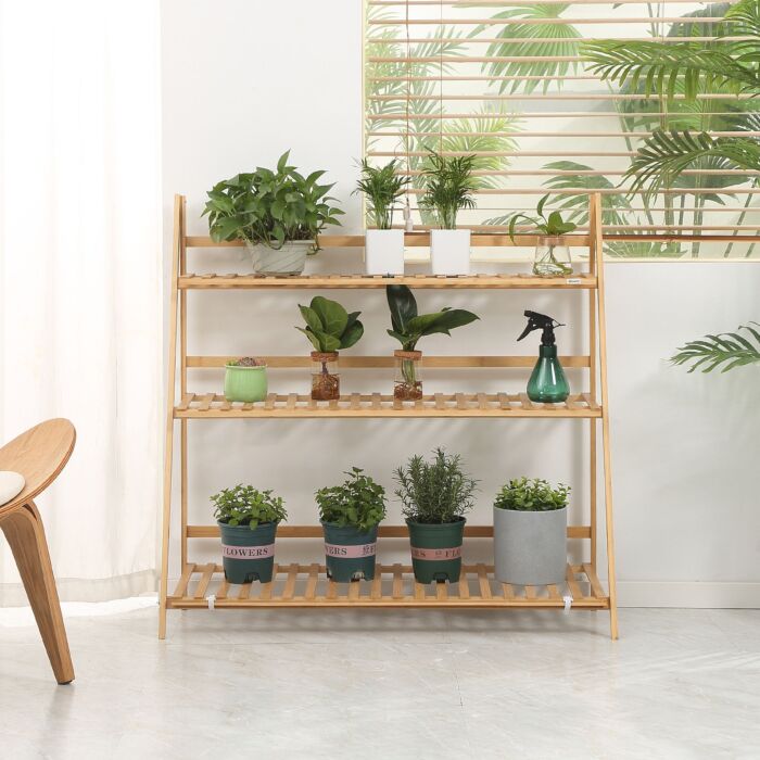 Outsunny 3-tier Plant Stand, Plant Shelf Rack, Folding Bamboo Display Stand, 98x37x96.5cm, Natural