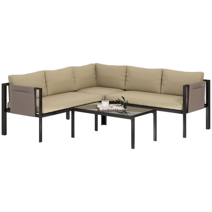 Outsunny 4 Piece Metal Garden Furniture Set With Tempered Glass Coffee Table, Breathable Mesh Pocket, Outdoor Conversational Corner Sofa Loveseat With Padded Cushions, Khaki