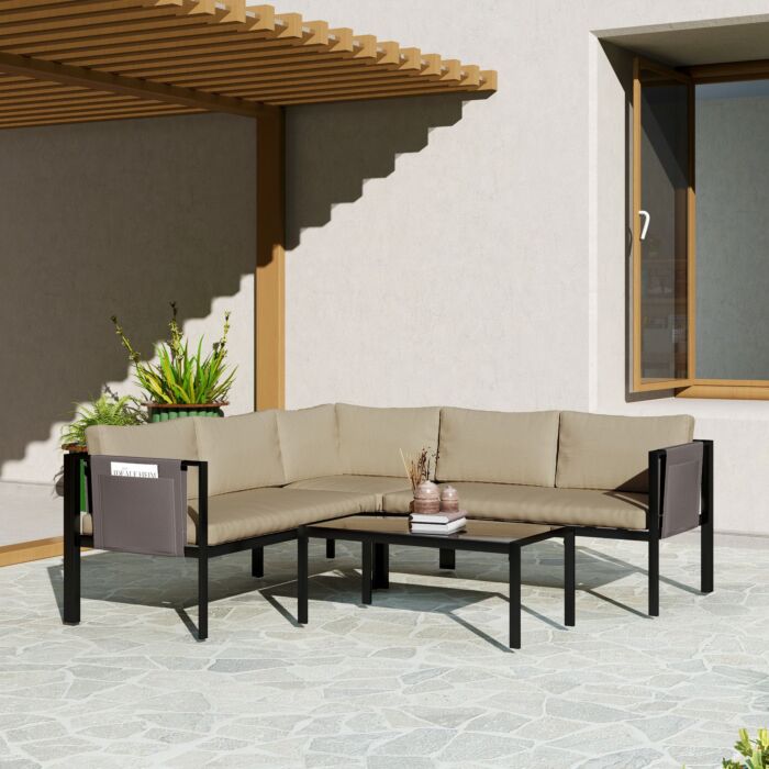 Outsunny 4 Piece Metal Garden Furniture Set With Tempered Glass Coffee Table, Breathable Mesh Pocket, Outdoor Conversational Corner Sofa Loveseat With Padded Cushions, Khaki