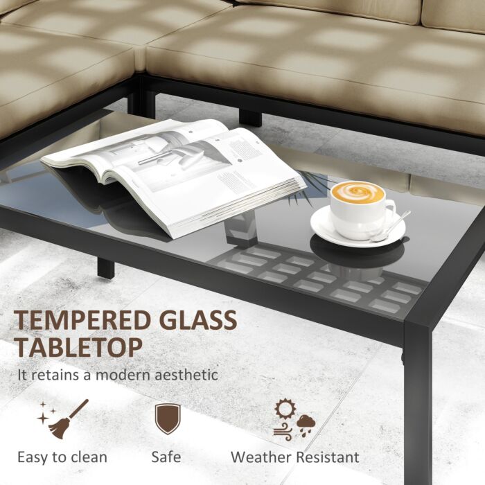 Outsunny 4 Piece Metal Garden Furniture Set With Tempered Glass Coffee Table, Breathable Mesh Pocket, Outdoor Conversational Corner Sofa Loveseat With Padded Cushions, Khaki