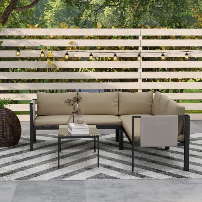 Outsunny 4 Piece Metal Garden Furniture Set With Tempered Glass Coffee Table, Breathable Mesh Pocket, Outdoor Conversational Corner Sofa Loveseat With Padded Cushions, Khaki