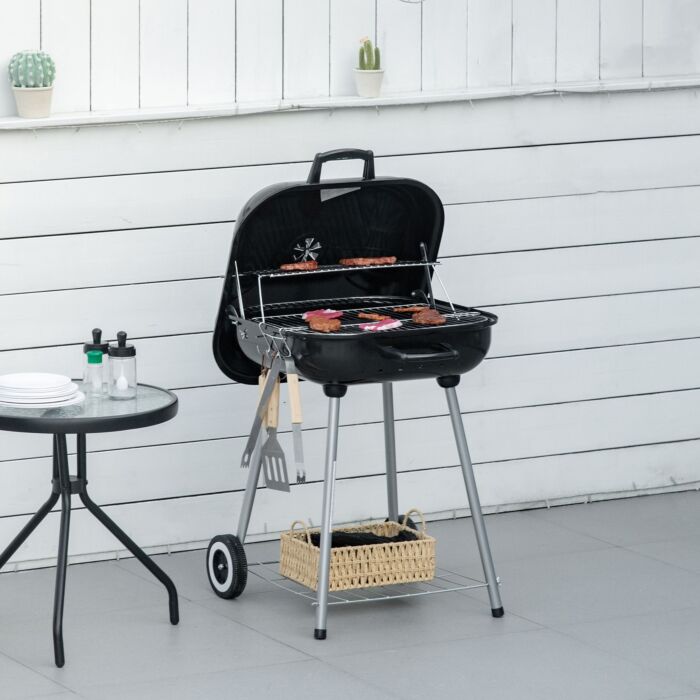 Outsunny Portable Bbq Charcoal Grill With 2 Wheels And Cooking Utensils, Smoker Grill With Lid For Outdoor Barbecues, Camping, Picnic, Courtyard