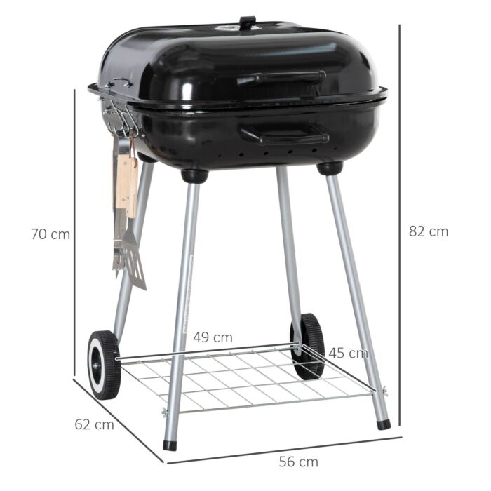 Outsunny Portable Bbq Charcoal Grill With 2 Wheels And Cooking Utensils, Smoker Grill With Lid For Outdoor Barbecues, Camping, Picnic, Courtyard