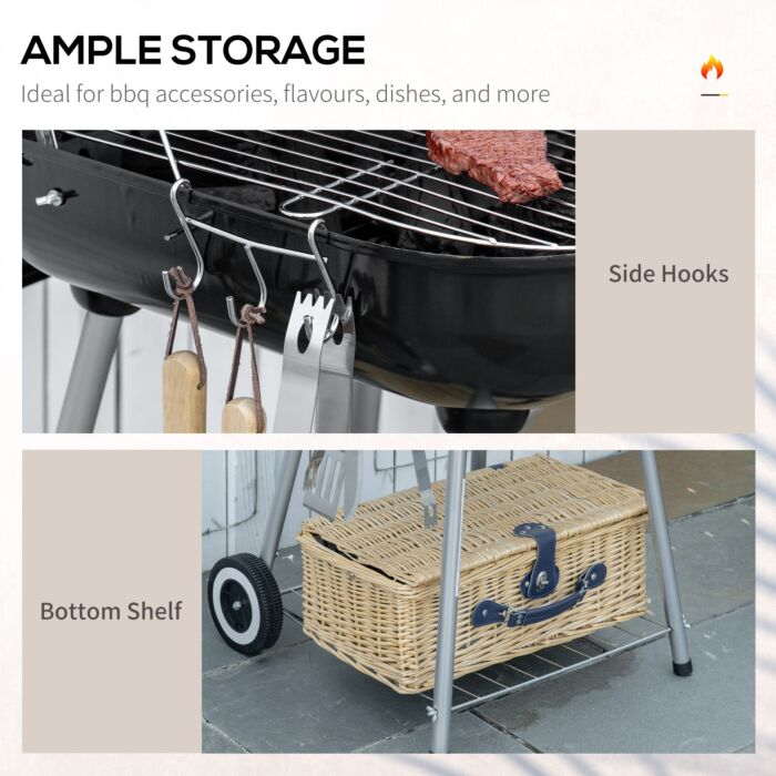 Outsunny Portable Bbq Charcoal Grill With 2 Wheels And Cooking Utensils, Smoker Grill With Lid For Outdoor Barbecues, Camping, Picnic, Courtyard