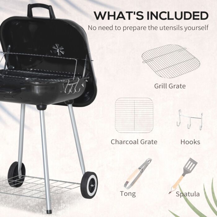 Outsunny Portable Bbq Charcoal Grill With 2 Wheels And Cooking Utensils, Smoker Grill With Lid For Outdoor Barbecues, Camping, Picnic, Courtyard
