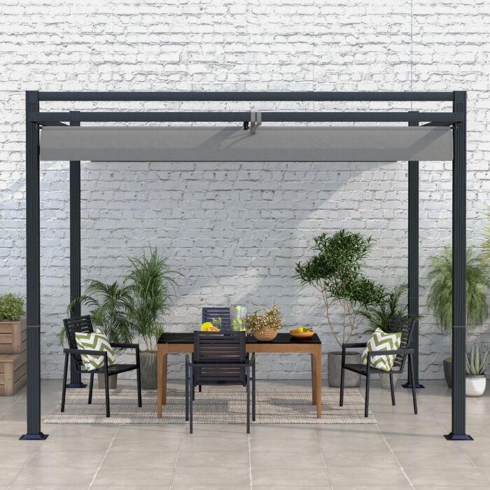 Outsunny 3 X 3(m) Retractable Pergola, Garden Gazebo Shelter With Aluminium Frame, Dark Grey
