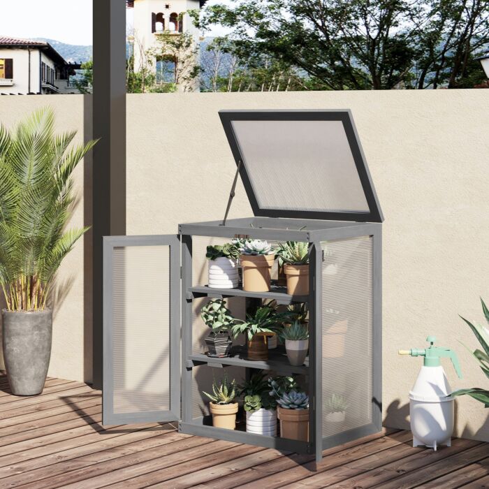 Outsunny 3-tier Wood Greenhouse Garden Polycarbonate Cold Frame Grow House W/ Storage Shelf For Plants, Flowers, Dark Grey