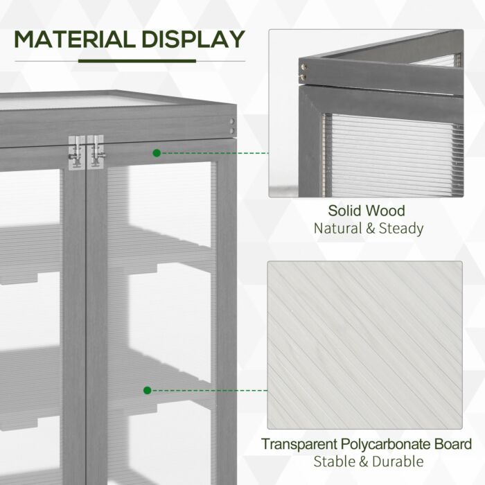 Outsunny 3-tier Wood Greenhouse Garden Polycarbonate Cold Frame Grow House W/ Storage Shelf For Plants, Flowers, Dark Grey