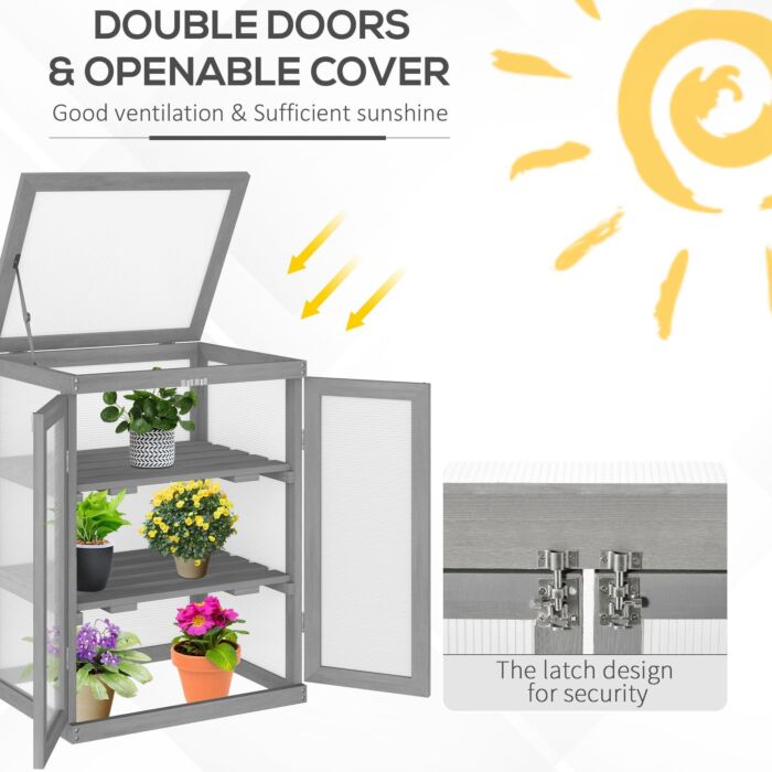 Outsunny 3-tier Wood Greenhouse Garden Polycarbonate Cold Frame Grow House W/ Storage Shelf For Plants, Flowers, Dark Grey