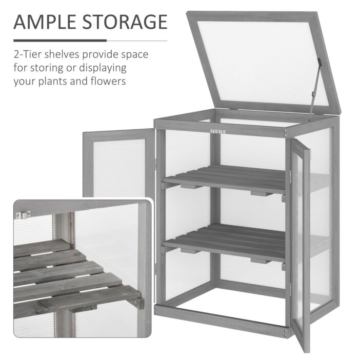 Outsunny 3-tier Wood Greenhouse Garden Polycarbonate Cold Frame Grow House W/ Storage Shelf For Plants, Flowers, Dark Grey