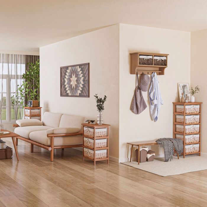 Homcom Entryway Coat Rack Wall Mounted Shelf W/ Wicker Basket And Hooks (2 Baskets, Brown)