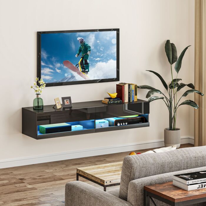 Homcom Floating Tv Unit Wall Mounted Tv Cabinet, High Gloss Media Wall Unit With Led Lights, Storages Shelves For Living Entertainment Room, Black