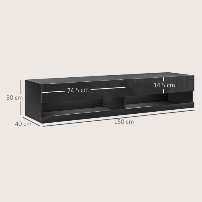 Homcom Floating Tv Unit Wall Mounted Tv Cabinet, High Gloss Media Wall Unit With Led Lights, Storages Shelves For Living Entertainment Room, Black