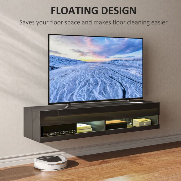 Homcom Floating Tv Unit Wall Mounted Tv Cabinet, High Gloss Media Wall Unit With Led Lights, Storages Shelves For Living Entertainment Room, Black
