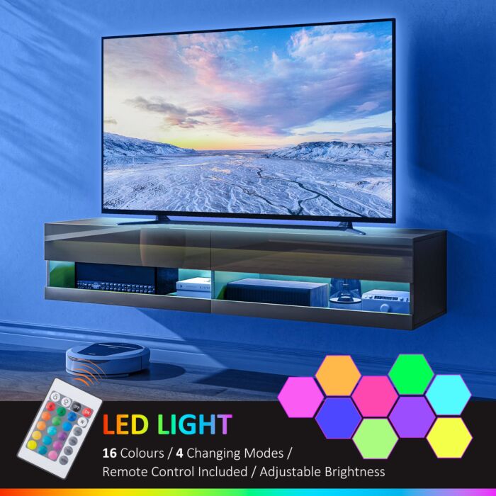 Homcom Floating Tv Unit Wall Mounted Tv Cabinet, High Gloss Media Wall Unit With Led Lights, Storages Shelves For Living Entertainment Room, Black