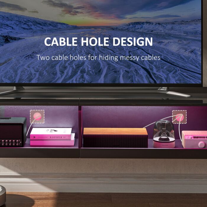 Homcom Floating Tv Unit Wall Mounted Tv Cabinet, High Gloss Media Wall Unit With Led Lights, Storages Shelves For Living Entertainment Room, Black
