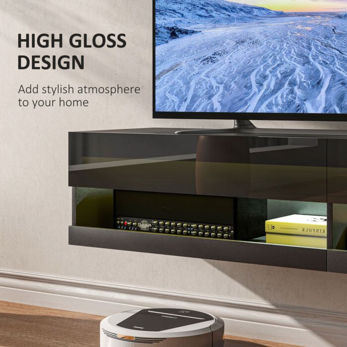 Homcom Floating Tv Unit Wall Mounted Tv Cabinet, High Gloss Media Wall Unit With Led Lights, Storages Shelves For Living Entertainment Room, Black