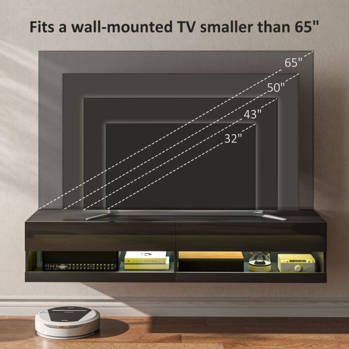 Homcom Floating Tv Unit Wall Mounted Tv Cabinet, High Gloss Media Wall Unit With Led Lights, Storages Shelves For Living Entertainment Room, Black