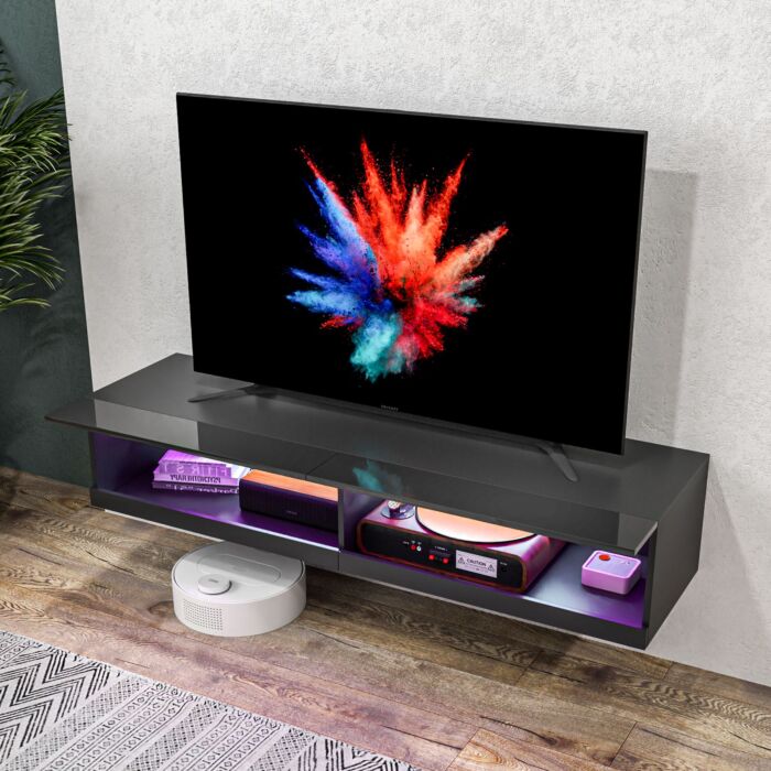 Homcom Floating Tv Unit Wall Mounted Tv Cabinet, High Gloss Media Wall Unit With Led Lights, Storages Shelves For Living Entertainment Room, Black