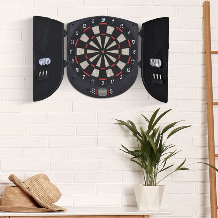 Homcom Electronic Dartboard Set 26 Games And 185 Variations With 6 Darts And Cabinet To Stroage Multi-game Option Ready-to-play